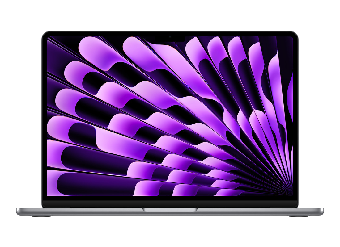 MacBook open showing a purple design on screen.