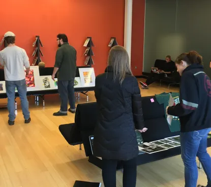 Students taking part in an art review