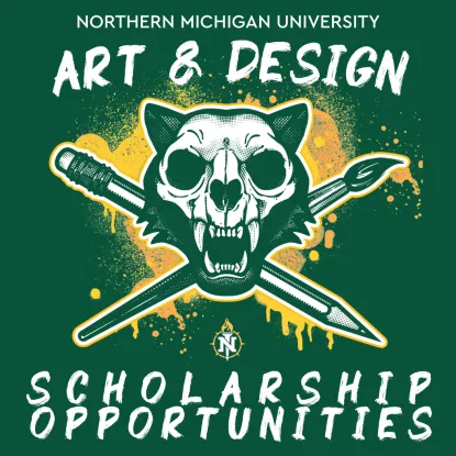 Wildcat skull with pencil and paint brush crossbones on paint splatter announcing Art & Design Scholarship Opportunities at Northern Michigan University